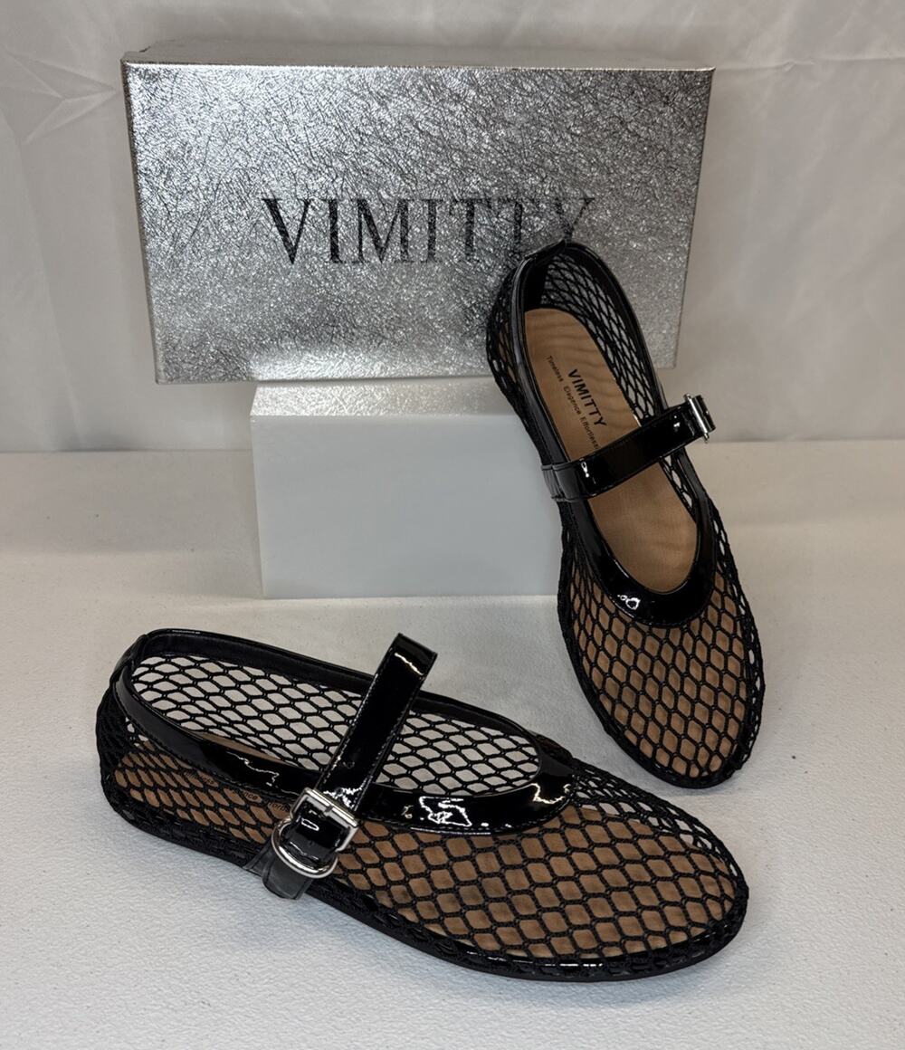 Vimitty Black Mesh Mary Jane Ballet Flats Shoes Fishnet Patent Strap Sz 37